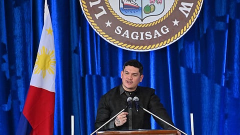 Si Davao City Mayor Sebastian "Baste" Duterte atol sa iyang ika-3 nga State of the City Address (Soca) sa Sangguniang Panlunsod Building, Martes, Agosto 6, 2024. (Arjoy Ceniza)