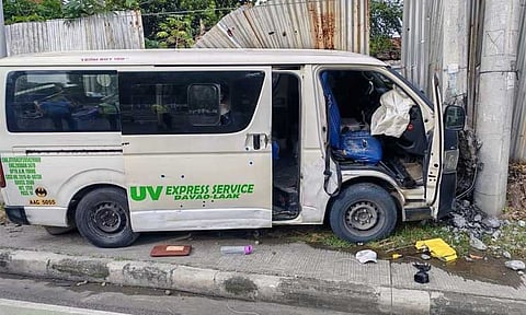 A van on the Davao-Laak route crashed into a post on Quimpo Boulevard, Davao City, on Tuesday afternoon, October 22, 2024.