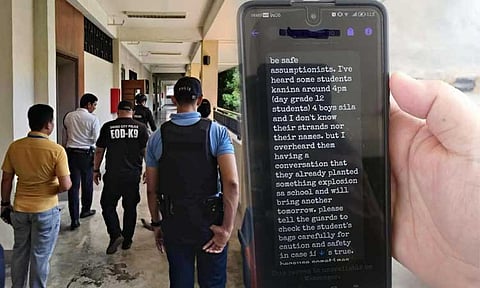 BOMB THREAT. A bomb threat was reported at a school on J.P. Cabaguio Ave, Davao City, on Thursday morning, November 14, 2024. The threat was initially communicated through a call to school staff, followed by a message from an individual on the school's Messenger account.