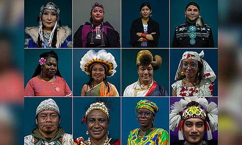 Members of various Indigenous communities pose for a photo while attending the COP29 U.N. Climate Summit in Baku, Azerbaijan. From top left, Saina Ekaterina Savvinova, 53, of Yakutsk, Russia, Antumalen Ayelen Antillanca Urrutia, 26, of Huapi Island, Chile, Sydney Males, 27, of Otavalo, Ecuador, Big Wind Carpenter, 31, of Wind River Reservation, United States, Flora Vano, 39, of Port Vila, Vanuatu, Puyr dos Santos Tembe, 47, of Belem, Brazil, Mingma Chhiri, 40, of the Khumbu Pasanglhamu Municipality District, Nepal, Hindou Oumarou Ibrahim, 41, of N'Djamena, Chad, Ninawa Inu Pereira Nunes, 50, of Feijo, Brazil, Marynne Rimbao, 42, of Unda village, Papua New Guinea, Didja Tchari Djibrillah, 30, of the Mayo-Kebbi East, Chad, and Jackson Michael, 40, of the Borneo, Malaysia.