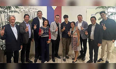 First Lady Liza Araneta Marcos and William Vincent “Vinny” Araneta Marcos (seventh and sixth from left) with (from left) Philippine National Volleyball Federation (PNVF) vice president Ricky Palou and secretary-general Donaldo Caringal, Philippine Sports Commission chairman Richard Bachmann, Tourism Secretary Christina Garcia Frasco, Senator Alan Peter Cayetano, Volleyball World CEO Finn Taylor, PNVF president Ramon “Tats” Suzara and national team mainstay Bryan Bagunas make the victory sign after the first organizational meeting for the world championship in Malacañang on April 30, 2024.