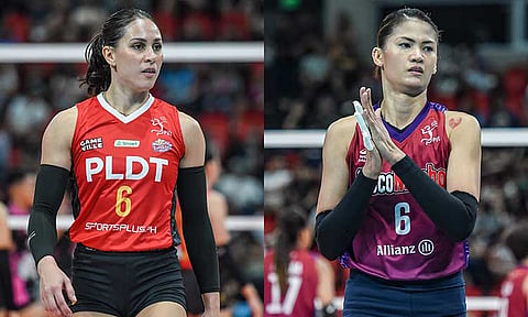DUEL. Savi Davison of PLDT and Dindin Manabat of Choco Mucho are expected to lead their teams that will clash against each other on Thursday, January 23, 2024, in the Premier Volleyball League All-Filipino Conference at the Philsports Arena.