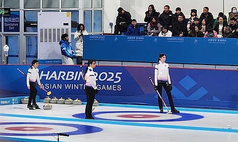 The Philippine women’s curling team, from left, Anne Bonache, Shiela Mariano, and Lani Sumbillo will play against Japan as they open their 9th Asian Winter Games bid on Tuesday, February 11, 2025.