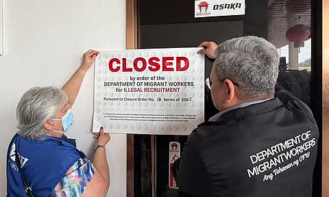 SHUT DOWN. The Department of Migrant Workers (DMW) shut down Davao Ohayou Language Training and Skills Institute Inc. in Bajada, Davao City, on February 28, 2025, for alleged illegal recruitment. The closure order was enforced through CO No. 06, Series of 2025, with DMW officials led by Assistant Secretary Jerome A. Alcantara (in black) and Regional Director Maria Carolina B. Agdamag present during the operation. Authorities said the investigation will continue to identify individuals involved and determine possible legal actions.