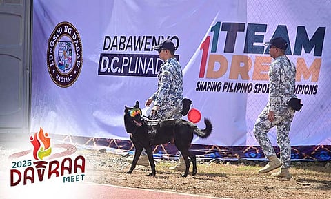 Security personnel with a K9 patrol Davao City-University of the Philippines (DC-UP) Sports Complex during the opening ceremony of the 2024 Davao Region Athletic Association (Davraa) Meet. For the 2025 edition, at least 345 police personnel will be deployed to ensure safety from March 9 to 15 in Davao del Norte.