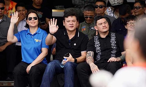 Vice President Sara Duterte joined the celebration of the 87th Araw ng Dabaw Parada Dabawenyo at San Pedro Square, Davao City, on March 17, 2024. Sitting beside her are siblings Davao City First District Representative Paolo Duterte and Davao City Mayor Sebastian Duterte.