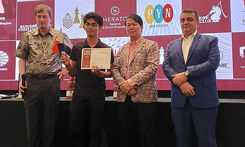 TOP JUNIOR. Fide master Christian Gian Karlo Arca of Panabo City, Davao del Norte, Philippines, is hailed as the top junior player at the 22nd Bangkok Chess Club Open 2025 at the Royal Orchid Sheraton Riverside Hotel in Bangkok, Thailand.