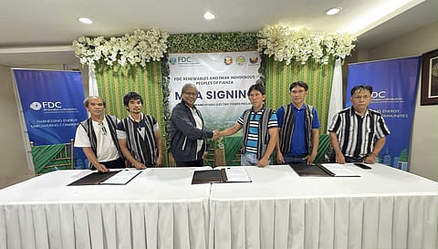 Photo shows (from left to right) Iwak Tribe Chieftain Sandy A. Ruben, Tribal Council Member Delbert Agustin, FDC Renewables Vice President for Project Development Roderick Fernandez, Tribal Council Members Lacson Laguitao and Sandy Miranda, and San Nicolas IPMR Felixfrey Lorenzo, during the signing of the Memorandum of Agreement.
