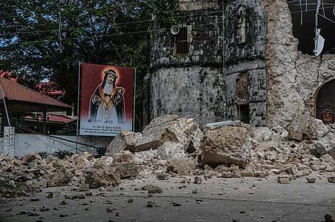 CEBU. The Archdiocesan Shrine of Santa Rosa de Lima in Daanbantayan, Cebu, sustained severe damage to its facade after a powerful magnitude 6.9 earthquake struck the town on Tuesday night, September 30, 2025. These photos were taken on Wednesday, October 1.