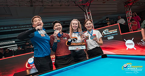 PINAY POWER. Filipina cue artists Rubilen Amit, left, and Chezka Centeno, second from left, celebrate after finishing runner-up and champion, respectively, in the Predator WPA Women’s 10-Ball World Championship in Bali, Indonesia, on Sunday, Oct. 12, 2025. The victory marked Centeno’s second world title and a historic all-Filipina final.