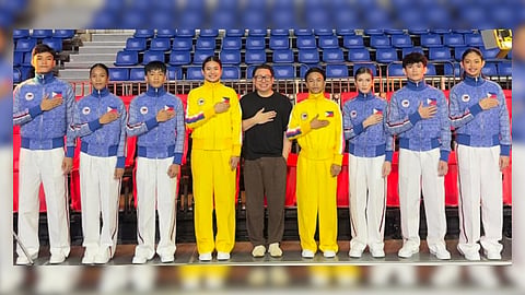 STANDING PROUD. Philippine athletes (from left) Pi Durden Wangkay and Lorainne Batalla (athletics), Jan Brix Ramiscal (Muay Thai), Harlene Serneche and Rhose Alemndralejo (volleyball), Leo Mhar Lobrido (boxing), and siblings Charlie and Travis Ratcliff (MMA) wear designer Avel Bacudio’s signature creations.