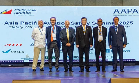 AWARDING. Present at the Asia Pacific Aviation Safety Seminar 2025. From left: Capt. Jim Sydiongco, Undersecretary for Aviation and Airports, Department of Transportation; Richard Nuttall, PAL president; Dr. Hassan Shahidi, president and chief executive officer, Flight Safety Foundation; Tao Ma, regional director, International Civil Aviation Organization; Subhas Menon, director general, AAPA; and Lt. Gen. Raul Del Rosario (Ret.), director general, Civil Aviation Authority of the Philippines.