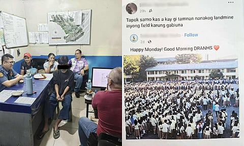Davao City Police Office (DCPO) has identified the suspect behind the recent bomb threats targeting four schools in the city within two days. Authorities confirmed that the individual, a 14-year-old former student, will undergo counseling and continuous behavioral monitoring. Police said the suspect, a former student of Daniel R. Aguinaldo National High School (DRANHS), was rescued and turned over to authorities on Thursday, October 23, 2025, after allegedly posting an online bomb threat claiming that a landmine had been planted on the school grounds.