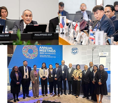 Bangko Sentral ng Pilipinas Monetary Board Member Romeo L. Bernardo (top left) joins the Asean Roundtable with the IMF managing director, while Deputy Governor Zeno Ronald R. Abenoja (top right) attends the 56th Joint Governors’ Meeting of the IMF–WBG Southeast Asia Constituency. Bottom: BSP and Department of Finance delegates at the 2025 IMF–WBG Annual Meetings in Washington, D.C.