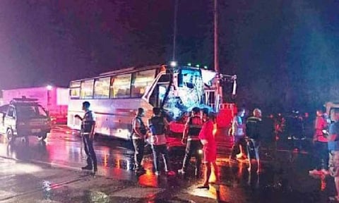 ROAD CRASH. At least two people died and 11 others were hurt when a passenger bus they were riding crashed into a concrete electric post in Orani, Bataan on Dec. 18, 2022. The Department of Health on Monday (Dec. 22, 2025) reported a significant increase in road crash injuries during the 2024–2025 holiday season due to a rise in travel activity and alcohol consumption. (Photo courtesy of the Bataan Police Provincial Office)