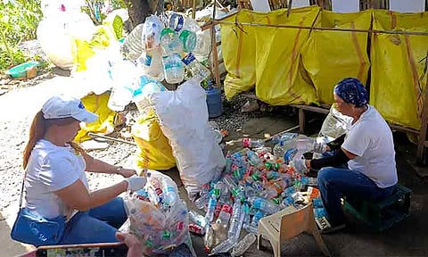 Women personnel from MiRCA prepare PET bottles and other recyclable materials before selling them to a junk shop. (Inset) Toril Kalambuan Association turn plastic waste such as snack wrappers, milk and detergent packs, and paper into bags, wallets, slippers, and many more.