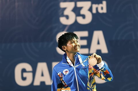 BRONZE’S A CHARM. Shaira Hope Rivera of the Philippines displays her bronze medal after the women’s tennis team event at the 33rd Southeast Asian Games in Thailand in December 2025. Rivera, a former Davao City standout, helped the national team secure a podium finish before returning to the United States to pursue a master’s degree at the University of West Alabama while remaining eligible to compete and available for national team duty.