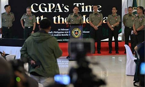 ANNIVERSARY. Philippine Army (PA) chief Lt. Gen. Antonio Nafarrete (center) answers questions about Army modernization at a press conference at the Philippine Army Officers' Clubhouse at Fort Bonifacio in Taguig City on Monday (Feb. 16, 2026). The conference kicked off the month-long celebration of the Army's 129th founding anniversary. (Photo courtesy of the PA)