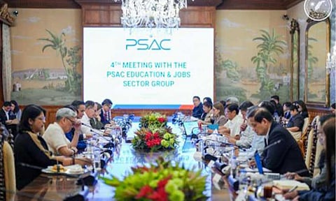 JOB PROTECTION. President Ferdinand R. Marcos Jr. meets with the Private Sector Advisory Council (PSAC) at Malacañan Palace in Manila on Wednesday (April 8, 2026) to discuss ways to safeguard employment amid tensions in the Middle East. The PSAC’s proposals centered on rapid job matching, workforce redeployment, and accelerated project execution to absorb displaced workers. (Photo from the Presidential Communications Office)