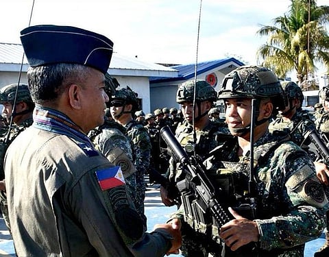 ZAMBOANGA. Brigadier General Aldren Annani, Western Mindanao Command deputy commander for external defense operations (left), on Friday, April 10, welcomes the troops of the Joint Task Force-Zampelan in a turnover ceremony, replacing the 1st Marine Rifle Battalion forces who were deployed to the northern part of the country. (SunStar Zamboanga)