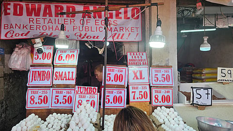 BANKEROHAN PRICES. Egg trays are displayed with updated prices at a stall in Bankerohan Public Market, Davao City, on April 13, 2026. Vendors reported fluctuating commodity prices this week as rising fuel, transport, and utility costs offset post–Holy Week price drops, affecting both sellers and consumers.