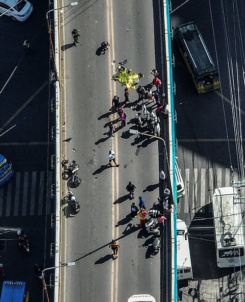 FLYOVER FATALITY. An 18-year-old student was killed in a flyover accident in Barangay Luz on Tuesday, April 14, 2026, after an ambulance traveling against traffic collided with the motorcycle she was riding. Juan Carlo De Vela