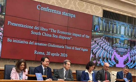 BOOK LAUNCH. Prof. Donatella Strangio, Ambassador Neal Imperial, Senator Giulio Terzi di Sant'Agata, Deputy Director Valentina Muiesan, Dr. Stefano Pelaggi, and Secretary General Matteo Angioli (left to right) during the book launch and press conference of The Economic Impact of the South China Sea Disputes, at the Palazzo Madama in Rome on April 20, 2026. The book puts a spotlight on the Philippines’ position and inputs on the South China Sea dispute and the potential economic disruptions it could bring beyond claimant states. (Photo courtesy of EG Oquendo/Philippine Embassy in Rome)