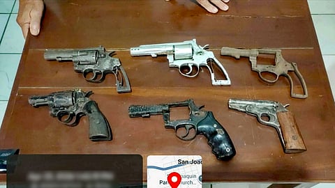 ILOILO. A Punong barangay turns over six unlicensed firearms, including five caliber .38 revolvers and one improvised 5.56mm firearm, to personnel of the San Joaquin Municipal Police Station in Iloilo on April 23, 2026, as part of the intensified campaign of the Police Regional Office in Western Visayas against loose firearms.