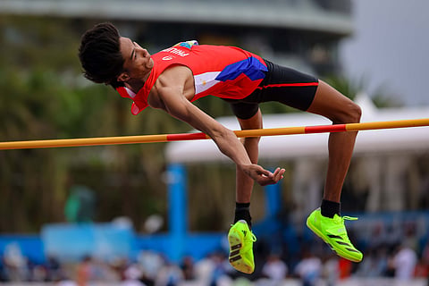 BEACH GOLD. Philippines’ high jumper Leonard Grospe clears the bar en route to clinching the gold medal during the 6th Asian Beach Games men’s high jump competition at the Phoenix Island in Sanya, China, Friday morning, April 24, 2026.