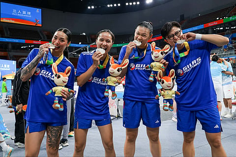 SILVER FINISH. Members of Gilas Pilipinas Women’s 3x3 team celebrate after securing the silver medal at the 6th Asian Beach Games in Sanya, China. The Filipinas delivered a gritty campaign and battled through the finals to add another podium finish for the Philippines on the continental stage.