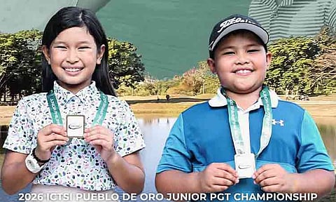 JUNGOLF CHAMPIONS. Davao City’s Soleil Molde and homegrown golfer Stephen Clementer pose with their medals after winning the girls’ and boys’ 7-10 division titles, respectively, in the 2026 ICTSI Pueblo de Oro Junior PGT Championship in Cagayan de Oro on Wednesday.