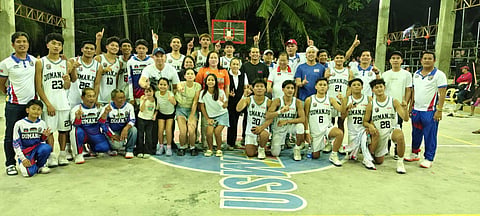 The Dumanjug team with Gungun Gica took a pose with Congresswoman Patsy Calderon and some of the 7th District Mayors after winning Game One of the Calderon Cup best-of-three finals held at the Malabuyoc Sports Complex Friday, May 8, 2026.