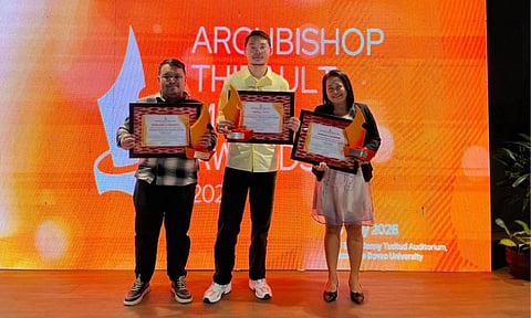 SUNSTAR DAVAO WINS BIG AT ATMA 2026. From left, Digital Service head Ralph Lawrence Llemit, journalist David Ezra Francisquete, and associate editor Marianne L. Saberon-Abalayan pose with SunStar Davao’s awards during the 2026 Archbishop Thibault Media Awards at the Ateneo de Davao University on Saturday, May 16. Llemit and Abalayan represented SunStar Davao editor-in-chief Cristina E. Alivio, who won two awards during the ceremony.