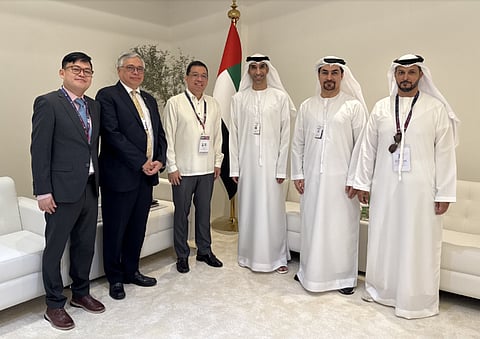 From left, Trade Commissioner Vichael Roaring, Philippine Ambassador to the UAE Alfonso Ver, Department of Trade and Industry Undersecretary and Board of Investments Managing Head Ceferino S. Rodolfo, and UAE Minister of Foreign Trade Dr. Thani bin Ahmed Al Zeyoudi meet in Abu Dhabi on May 4 to discuss trade and artificial intelligence cooperation under the Philippines-UAE Comprehensive Economic Partnership Agreement and the Pax Silica initiative.