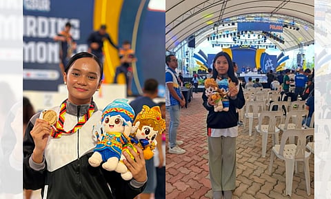 GOLDEN MOMENTS. Hannah Erika M. Señedo and Heleina Dominique So of Davao Region flash their gold medals during the awarding ceremony of the secondary girls’ 16-18 individual kumite event in the karatedo competition of the 2026 Palarong Pambansa on Tuesday, May 26, in Agusan del Sur.