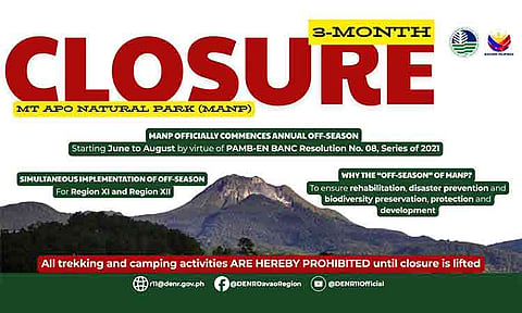The Department of Environment and Natural Resources-Davao (DENR-Davao) announced the annual three-month closure of the Mt. Apo Natural Park (MANP) from June to August 2026.
“All trekking and camping activities are hereby prohibited until the closure is lifted,” DENR-Davao said in its Facebook post on June 1, 2026.