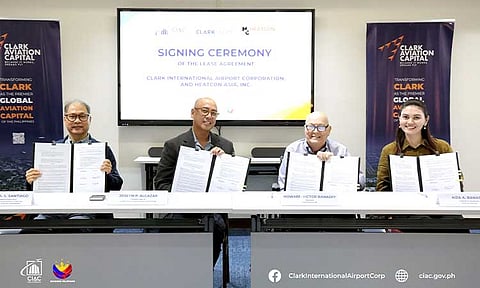 Clark International Airport Corporation (CIAC) officials and Heatcon Asia Inc. executives sign a 25-year lease agreement on Tuesday, June 9, 2026. Signing the agreement are CIAC President Jojit Alcazar (second from left) and Member of the Board Rommel Santiago (extreme left), Heatcon Asia, Inc. President Howard Victor Banasky (second from right) and Corporate Treasurer Aiza Banasky (extreme right).