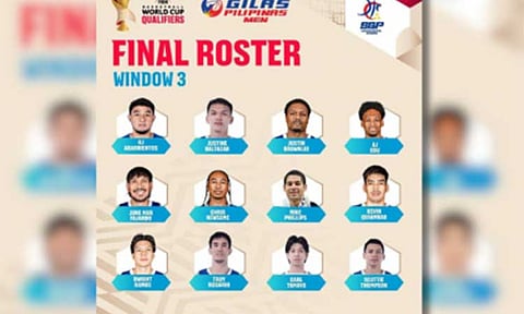 GILAS ROSTER. The Samahang Basketbol ng Pilipinas bares the final 12-man roster of Gilas Pilipinas for the upcoming window of the 2027 FIBA World Cup Asian Qualifers next month. Gilas Pilipinas will be getting the services of Justine Baltazar, Mike Phillips and Troy Rosario for the upcoming window of the FIBA World Cup Asian Qualifiers. (SBP photo)