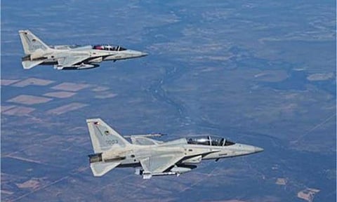 AIR PATROL. Two Philippine Air Force (PAF) FA-50PH fighter aircraft conduct an air patrol in this undated photo. The FA-50PH is serving as the PAF's primary air defense aircraft, with the planes also being used to patrol the skies of the West Philippine Sea. (Photo courtesy of the PAF)