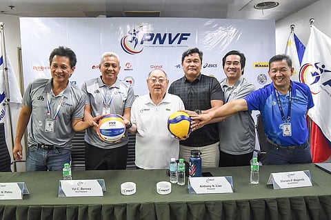 Philippine National Volleyball Federation (PNVF) president Tonyboy Liao and members of the board during a press conference on February 24, 2026. The federation is currently facing suspension from the Philippine Olympic Committee (POC) following an earlier sanction imposed by the International Volleyball Federation (FIVB) over alleged governance concerns and ethics violations.