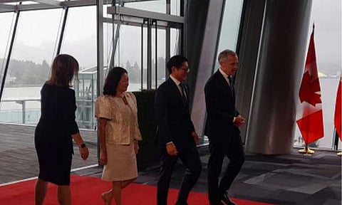 FREE TRADE DEAL. President Ferdinand R. Marcos Jr., Canadian Prime Minister Mark Carney and First Lady Liza Araneta-Marcos at the Vancouver Convention Centre in Vancouver, Canada on Thursday (July 2, 2026, Canada time). The President and Carney reaffirmed their commitment to conclude negotiations for a Philippines-Canada Free Trade Agreement before the end of 2026. (PNA photo by Ruth Abbey Gita-Carlos)