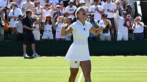 HISTORIC ROAR. Alexandra Eala celebrates after defeating Australia's Maya Joint in three sets to reach the third round of Wimbledon in London. The 21-year-old became the first Filipina in the Open Era to advance to the third round of a Grand Slam singles tournament and set up a showdown with defending champion Iga Swiatek.