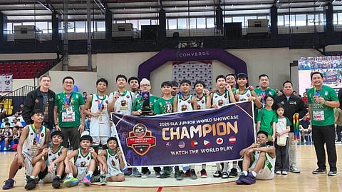 FLYING EAGLETS. Members of the Davao Microsmith Elite Eaglets celebrate with their coaches, parents, and supporters after winning the Under-13 championship of the Sinag Liga Asya Junior World Showcase at the Cebu Coliseum on July 5. The Eaglets defeated New York BSA, 88-60, in the title game.