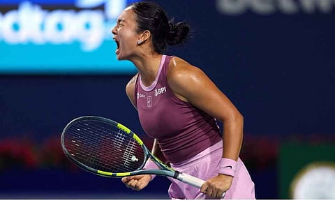 Alexandra Eala smiles during her on-court interview after defeating American Caty McNally at the National Bank Open in Toronto on Friday. Eala advanced to the fourth round with a 6-3, 5-7, 6-4 victory.