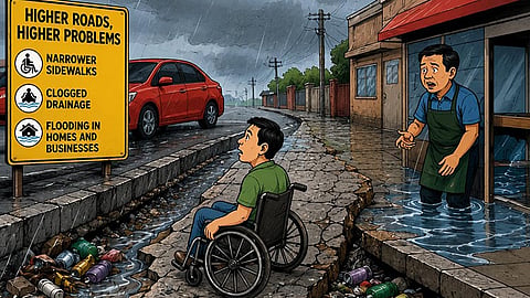 RISING ROADS. Cebu City residents, including persons with disabilities, face accessibility and flooding problems as repeated road overlays raise road levels and leave sidewalks, drainage systems and nearby properties vulnerable.