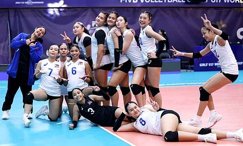 Alas Pilipinas Girls players celebrate after defeating Czechia, 21-25, 25-22, 25-14, 25-22, in the FIVB Volleyball Girls’ U17 World Championship in Santiago, Chile, Sunday, Aug. 16, 2026. The victory secured the Philippines’ best finish in a volleyball world championship, as Alas Pilipinas placed 15th after reaching the Round of 16.