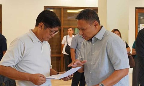 DAMAGED CLASSROOMS. President Ferdinand R. Marcos Jr. and Education Secretary Sonny Angara discuss disaster response in the aftermath of the enhanced southwest monsoon in public schools in the country, particularly in Central Luzon, in a situation briefing in Pampanga on Monday (Aug. 24, 2026). At least 1,594 schools nationwide have sustained damage, affecting 9,597 classrooms ranging from minor to major damage. (Photo courtesy of DepEd OSEC)