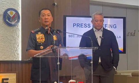 CRIMINAL RAPS. Philippine National Police chief Gen. Jose Melencio Nartatez Jr., together with Interior Secretary Jonvic Remulla, in a press briefing on Aug. 19, 2026, where they provided an updated report on the shooting incident at the Ateneo de Zamboanga University that killed two students. The PNP said on Thursday (Aug. 27) that charges of reckless imprudence resulting in homicide and physical injury have been filed against the father of the shooter and a school security personnel. (PNA photo by Lloyd Caliwan)