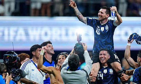 ADIOS ARGENTINA. Argentina’s Lionel Messi -- carried on the shoulders of teammate Enzo Fernandez as Argentina celebrates their dramatic 2-1 victory over England in this World Cup semifinals photo -- announces his retirement from international football on his Instagram account.
/