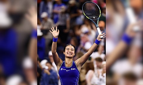 VICTORIOUS. Alexandra Eala raises her arms in celebration after winning her first-round match at the US Open in New York. She advanced to the second round for the second consecutive year.